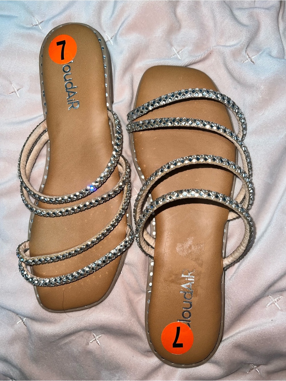 Women's Rhinestone Strappy Slide Sandals in Tan